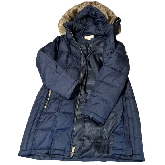 Michael Kors ,Navy Blue Hooded Puffer Jacket With Faux Fur Trimmed Hood & Gold Z - Picture 3 of 12